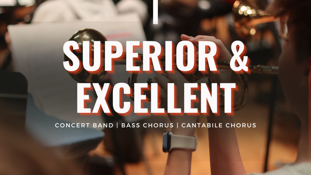 Image of a Marietta High School trumpet player with a dark gradient overlay  beneath the title Superior & Excellent with a subtitle Concert Band | Bass Chorus | Cantabile Chorus