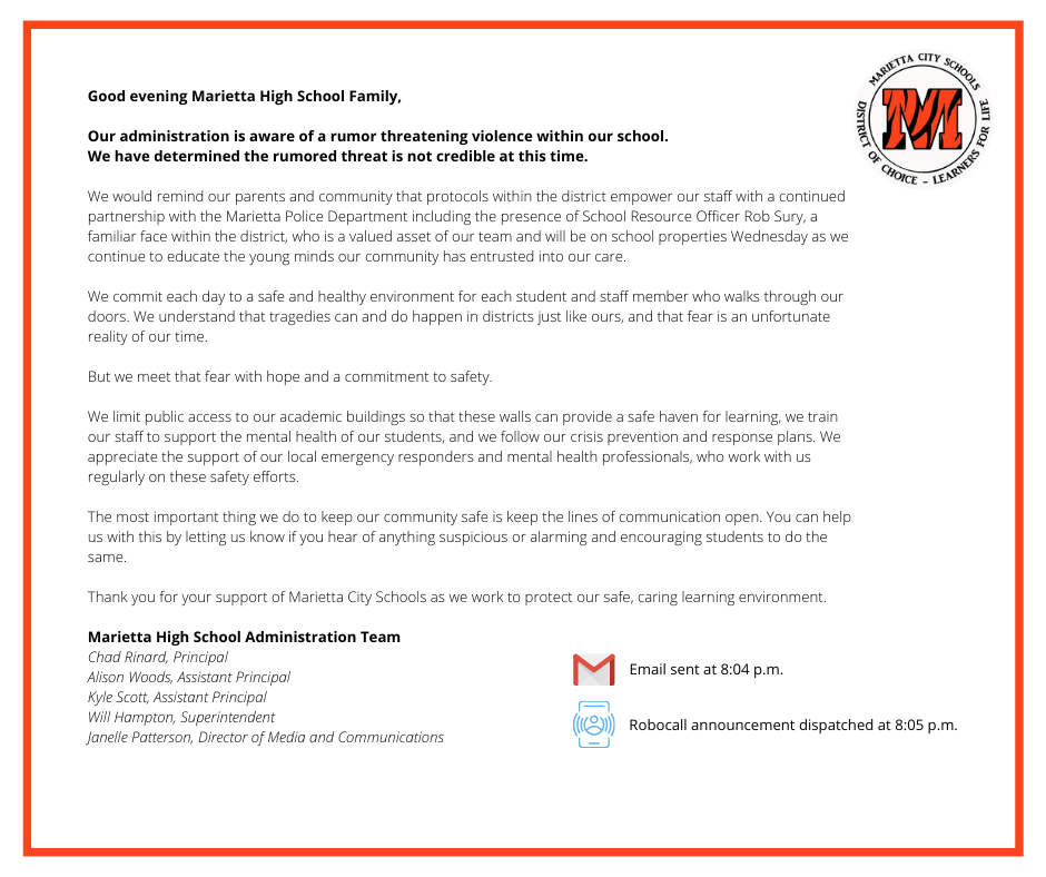 Marietta High School Safety Announcement