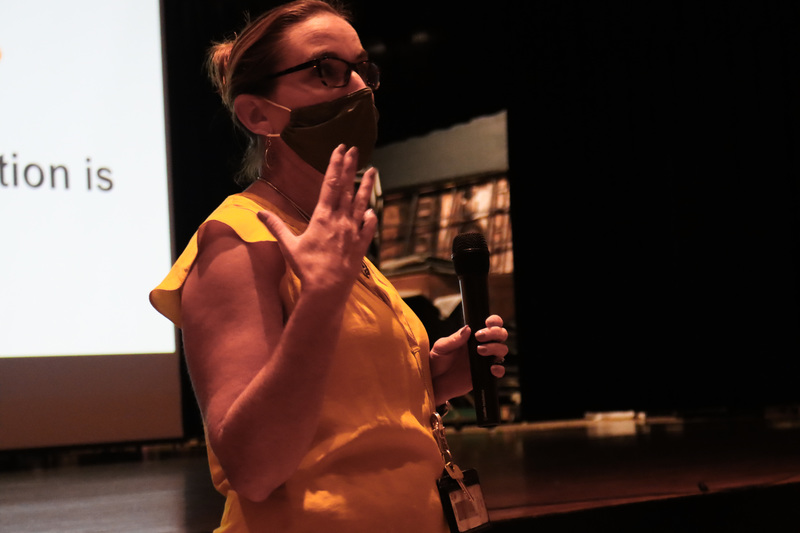 Marietta High School Assistant Principal Alison Woods encourages prevention of poor behavior Friday during professional development training at Marietta High School 